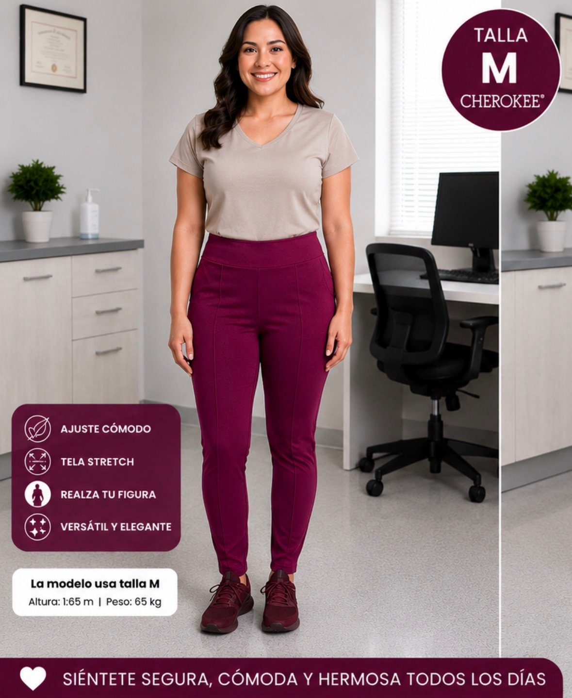 Pantalón Clínico Cherokee Burdeo Talla M | Uniforme Clínico Mujer